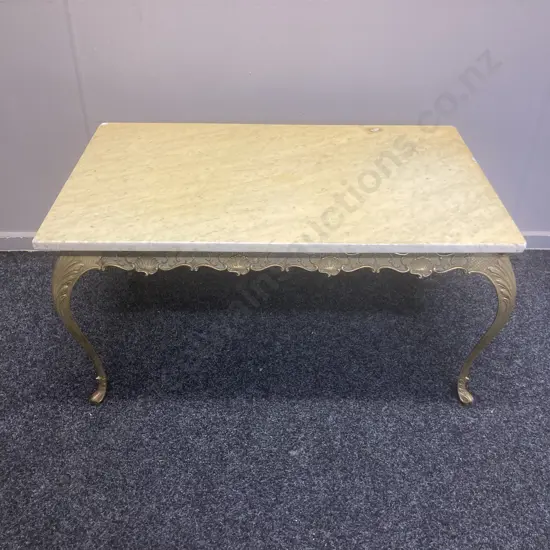 Marble Topped Occasional Table On Ornate Brass Base. H46 W87 D53cm (As Found Condition)